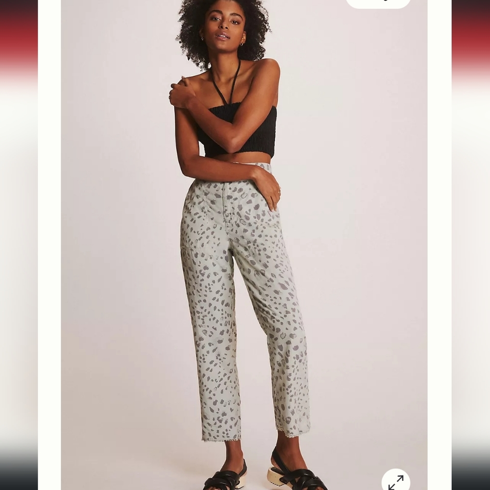 Anthropologie Cloth & Stone frayed straight leg mint leopard pants